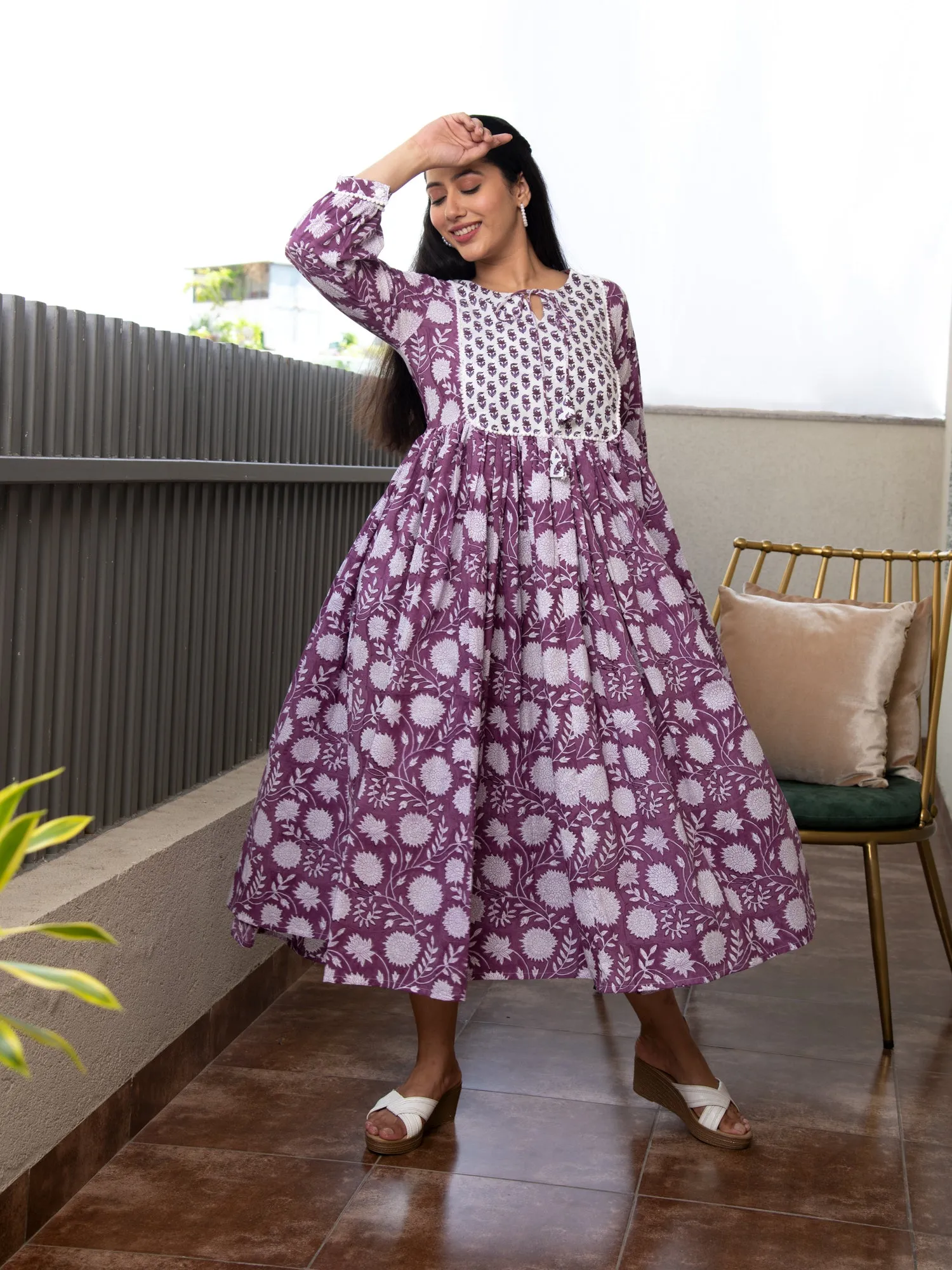 MULMUL BAVISHNI FLORAL BLOCK PRINTED DRESS