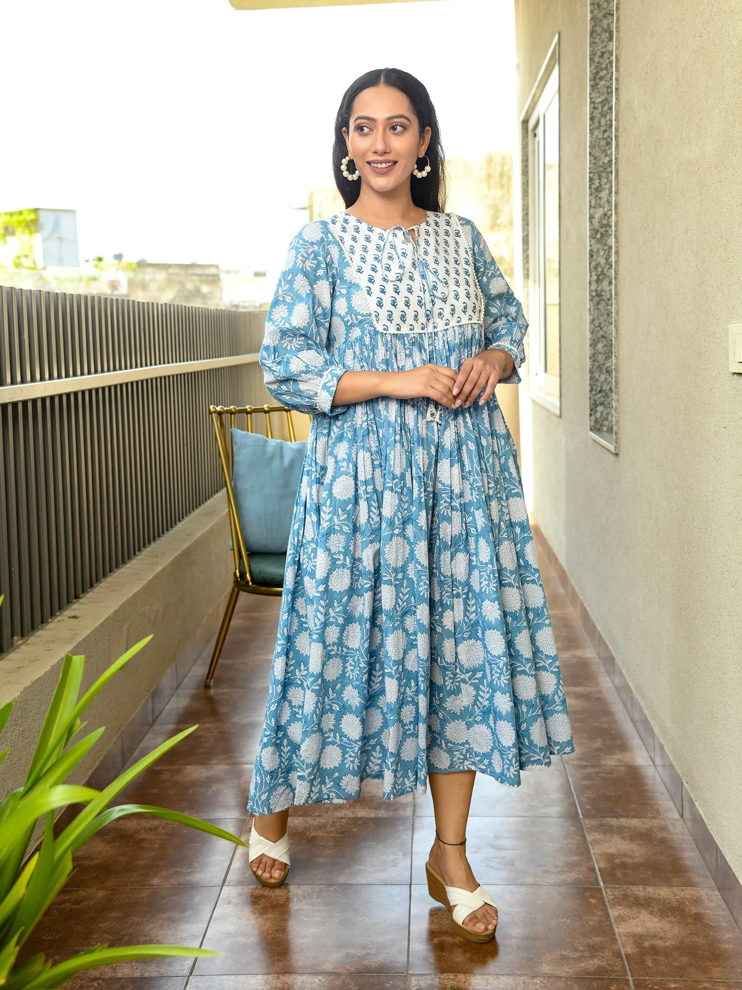 MULMUL NIVYA FLORAL BLOCK PRINTED DRESS