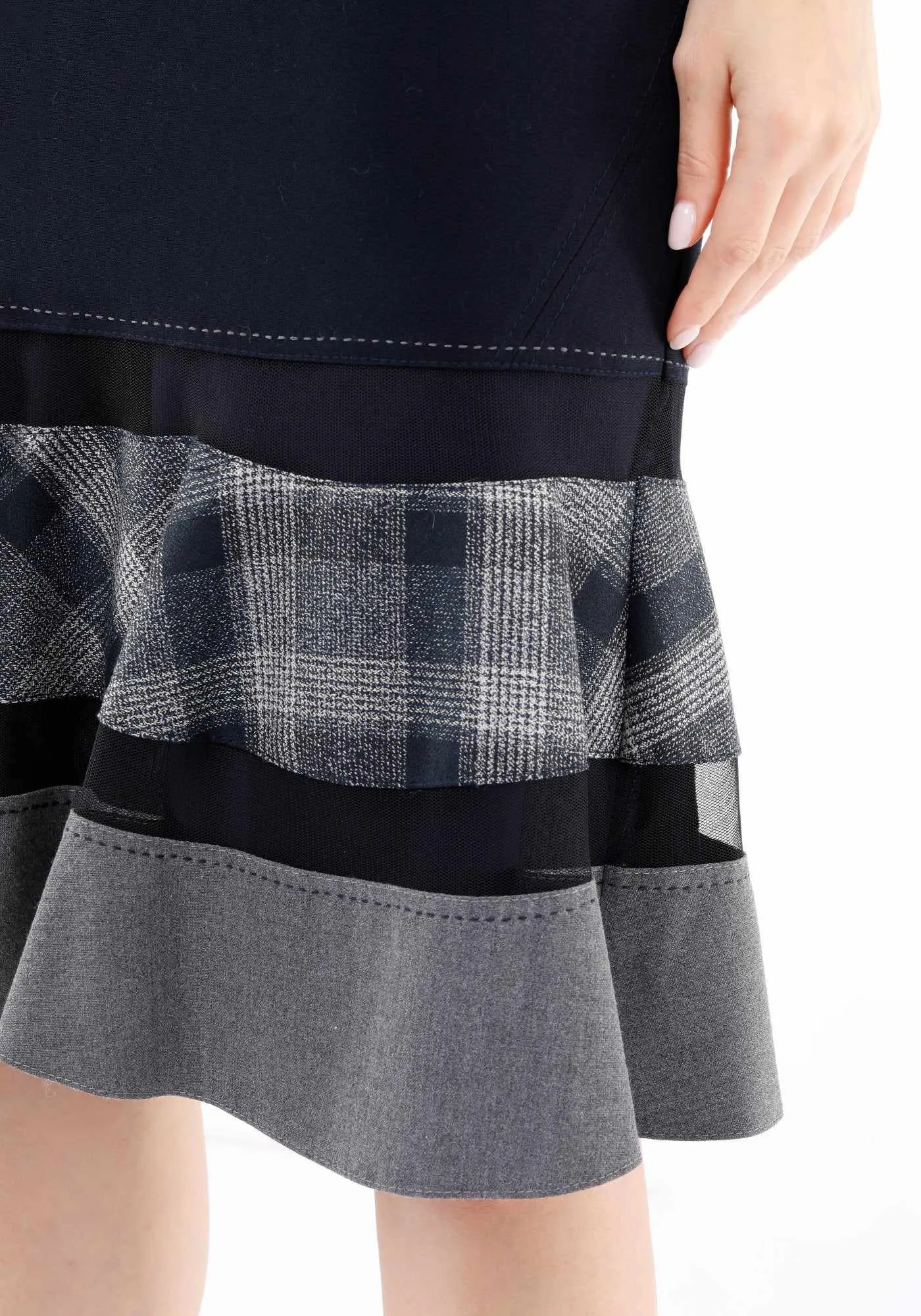 Navy Flounce A-Line Ruffle Plaid Semi Fishtail Skirt