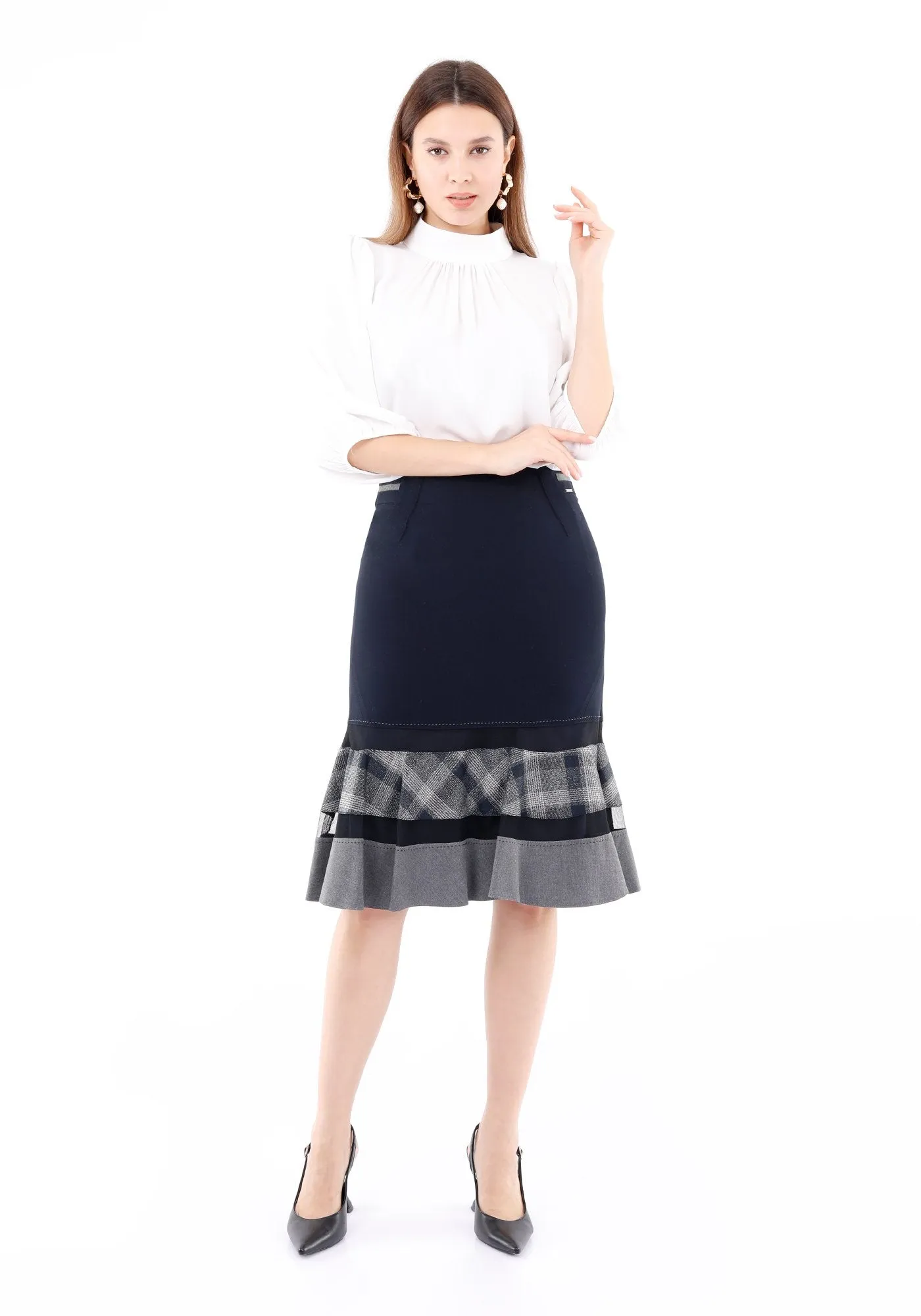 Navy Flounce A-Line Ruffle Plaid Semi Fishtail Skirt
