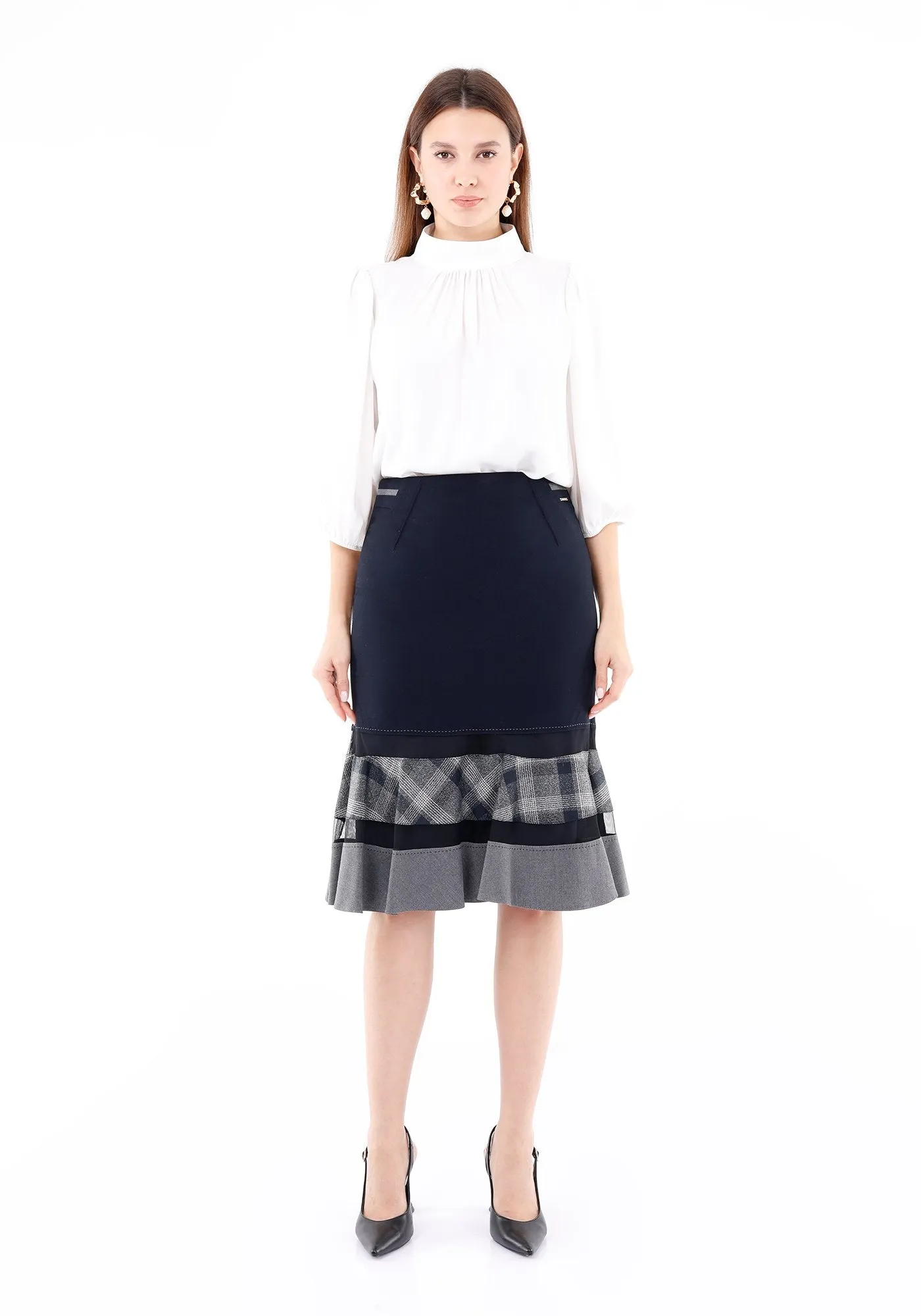 Navy Flounce A-Line Ruffle Plaid Semi Fishtail Skirt