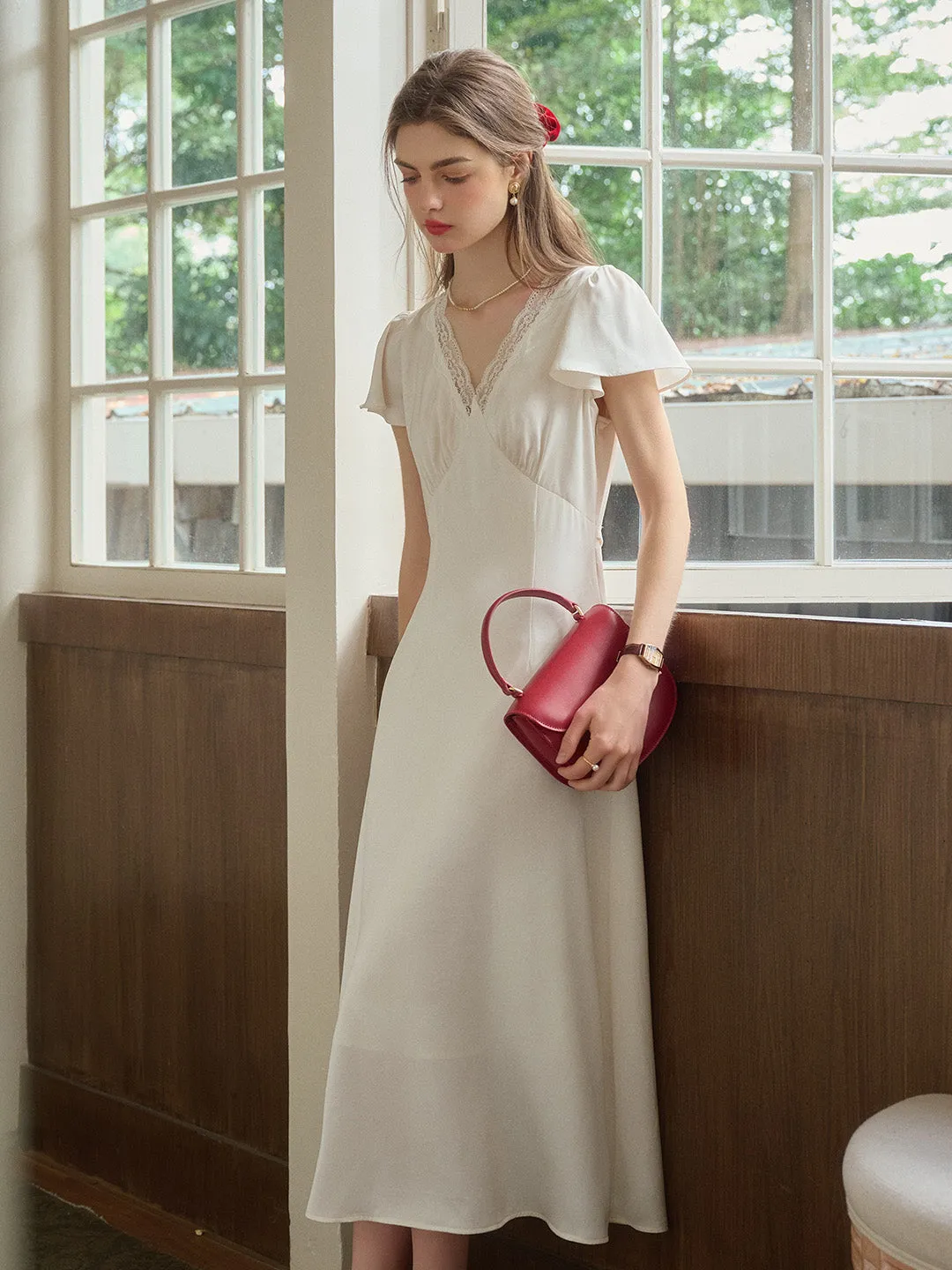 Noa V-Neck Lace Dress - White