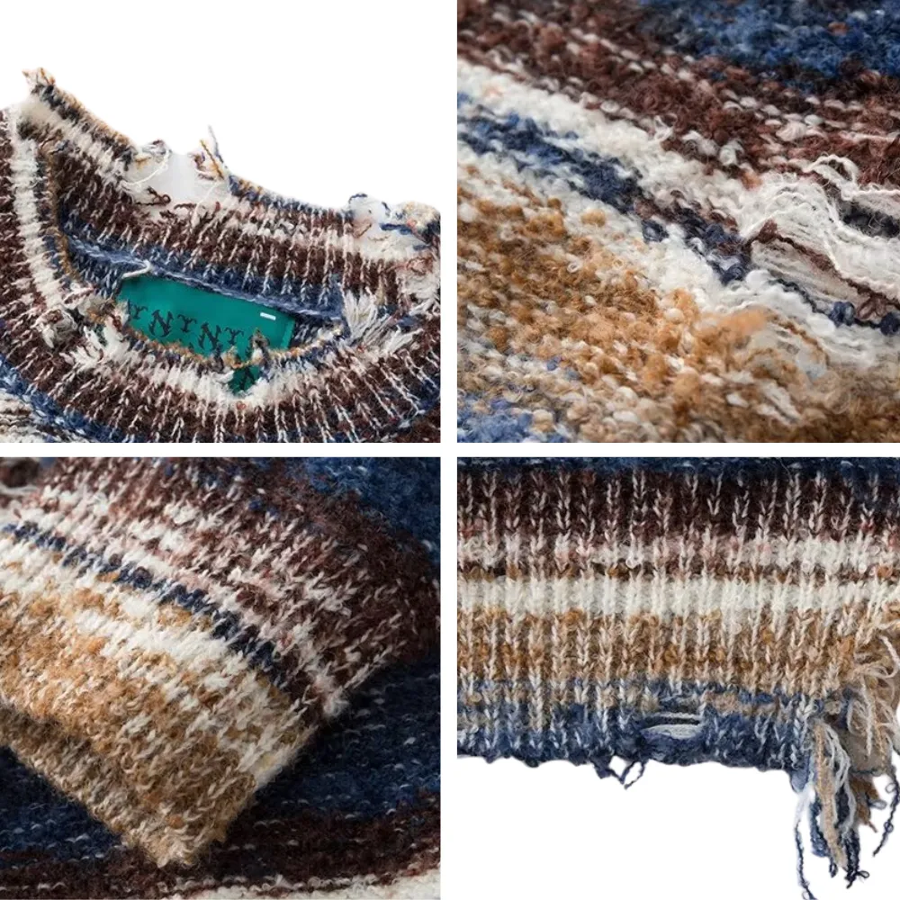 OOC' Retro Gradient Striped Ripped Knitted Sweater