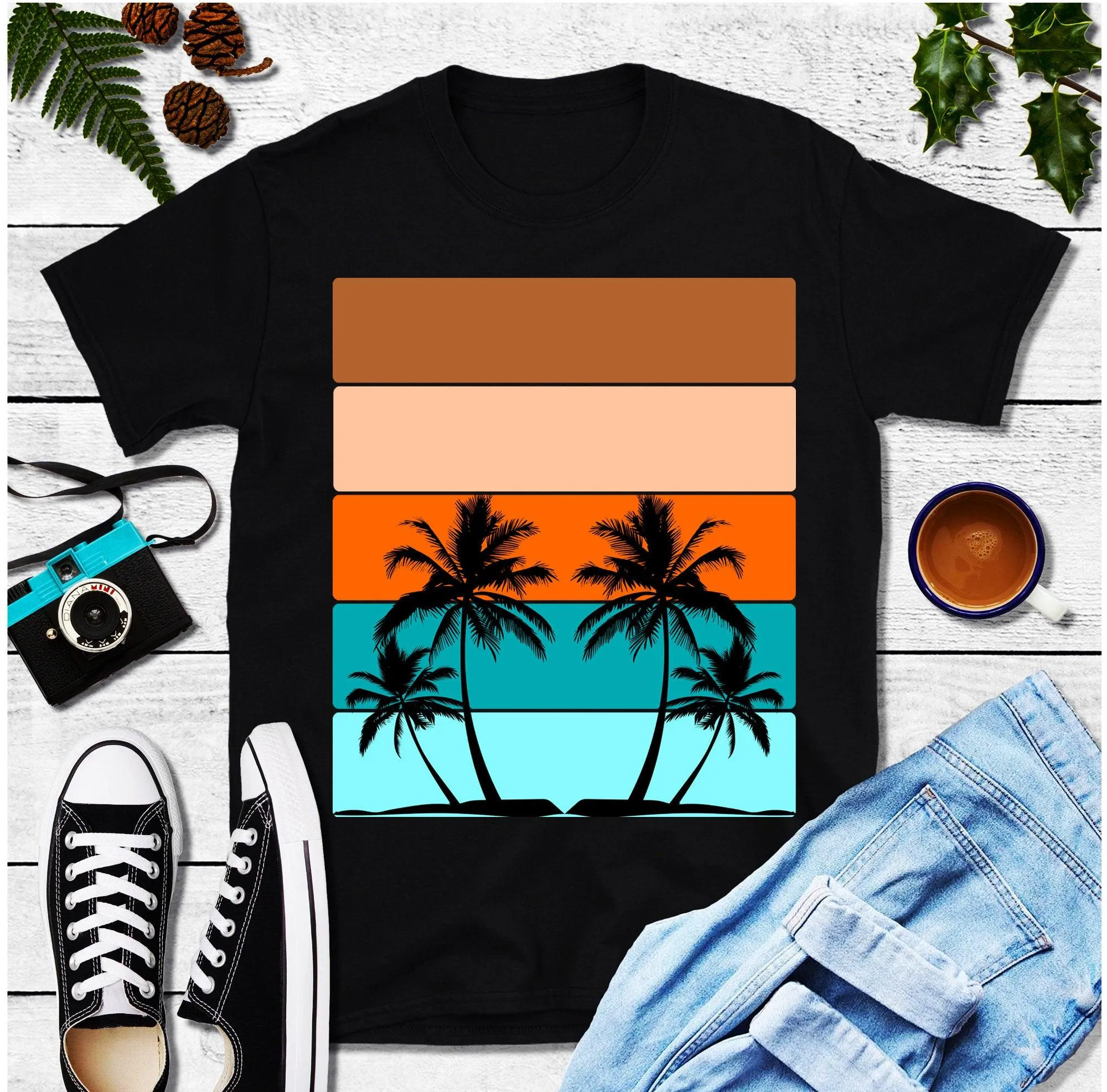 Palm Trees  Horizontal Stripes | Retro Sunset T-Shirts