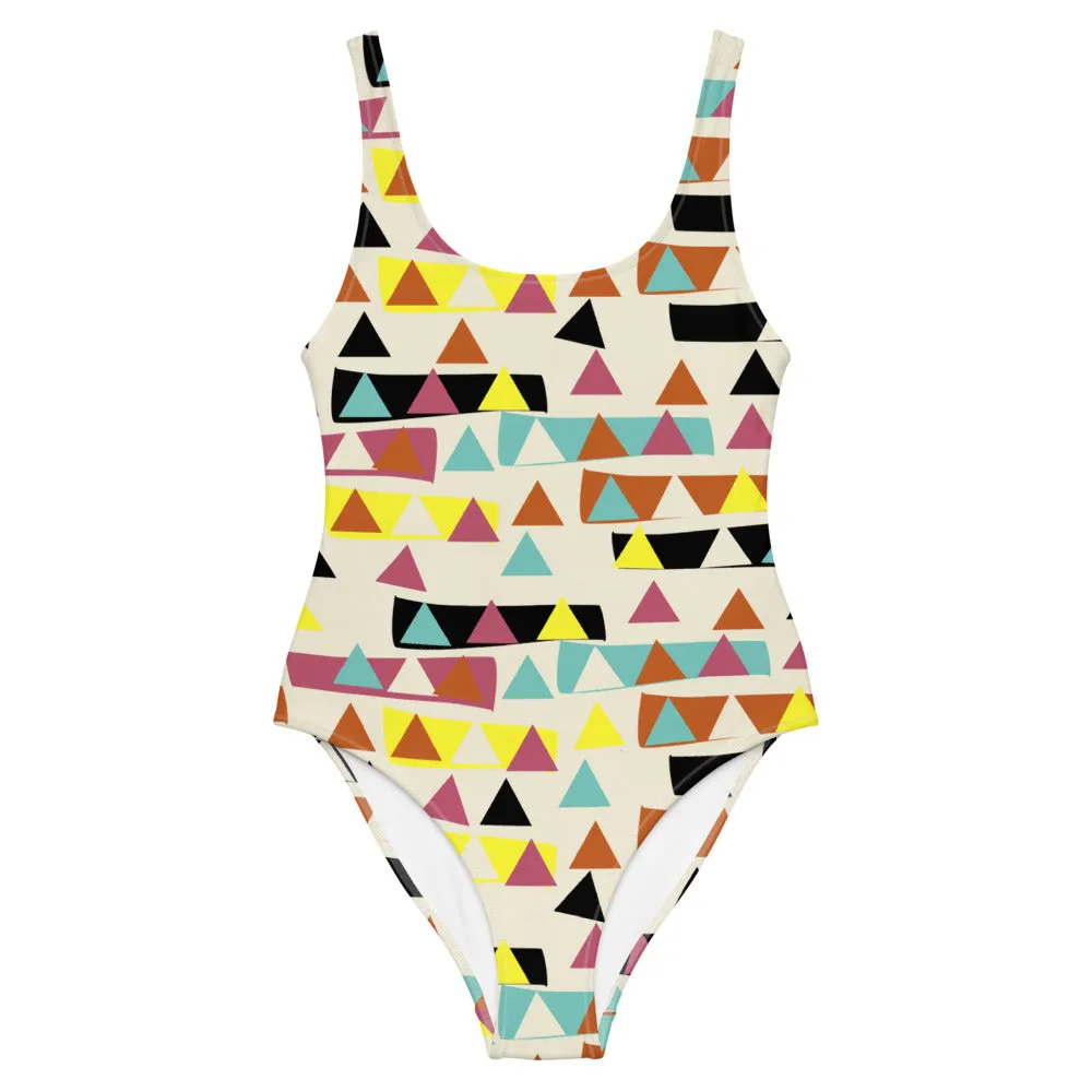 Patterned One-Piece Swimsuit | Yellow Retro Style | Triangular Forest