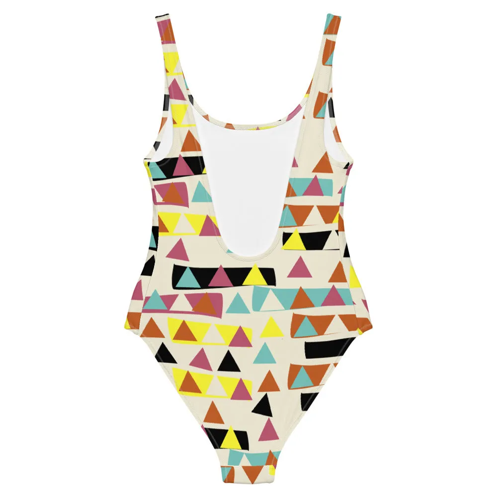 Patterned One-Piece Swimsuit | Yellow Retro Style | Triangular Forest