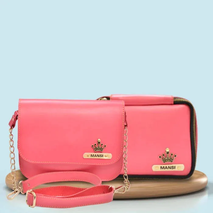 Personalized Mini make up kit   Chained Sling bag - Pink