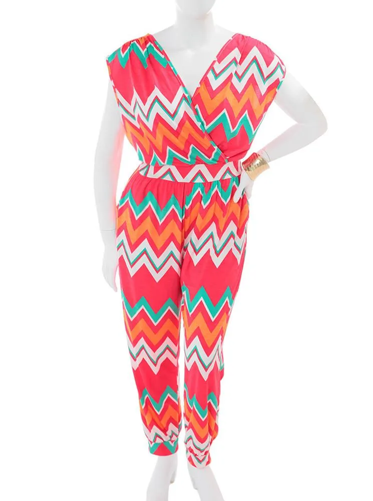 Plus Size Zig Zag Hued Pink Jumpsuit