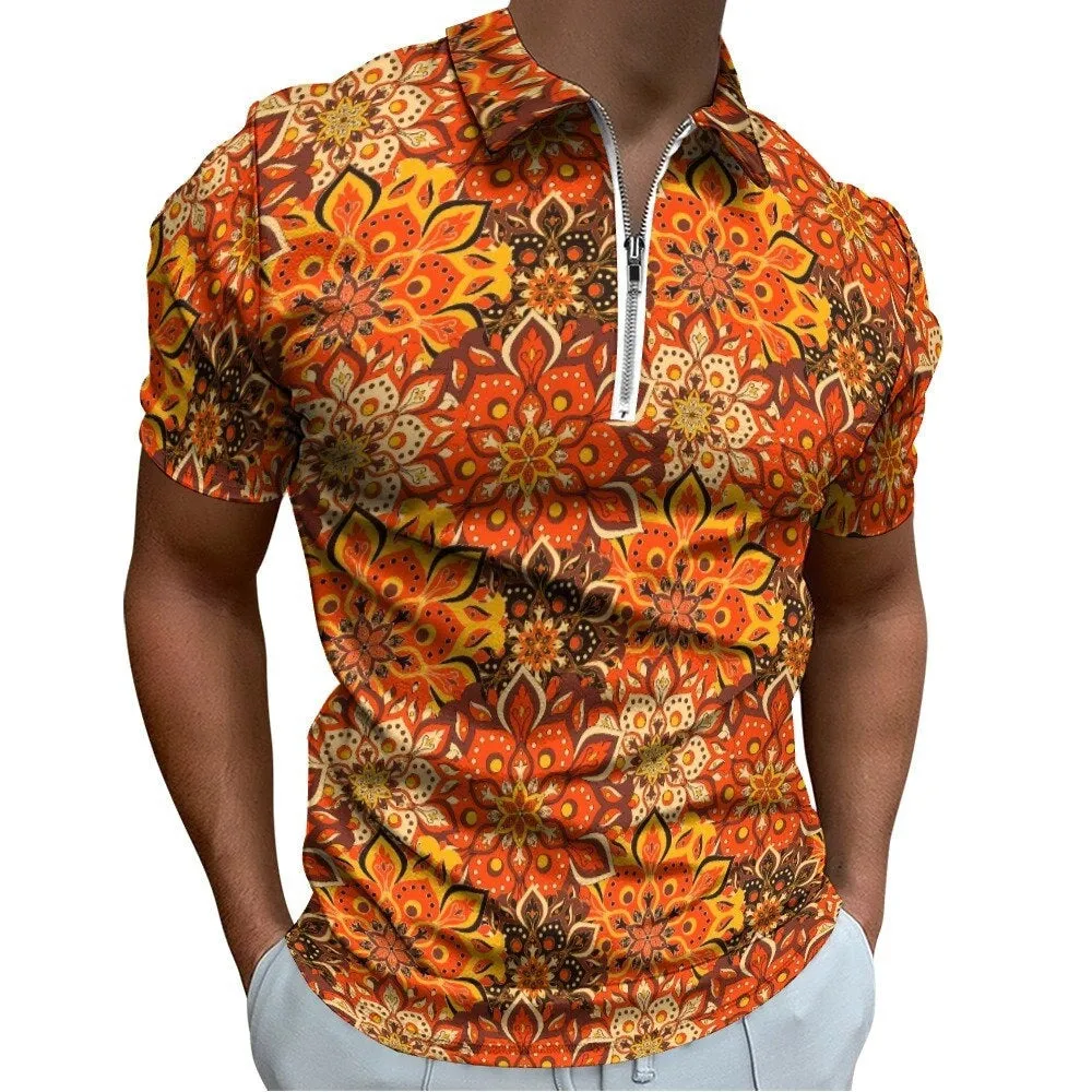 Polo Shirt Men, Boho Shirt, 70s Shirt Style, Orange Polo Shirt, 70s Style Shirt, 70s Floral Shirt Men, Vintage Polo Shirt, Zipper polo shirt