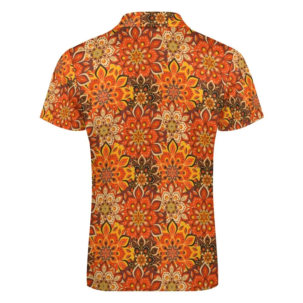 Polo Shirt Men, Boho Shirt, 70s Shirt Style, Orange Polo Shirt, 70s Style Shirt, 70s Floral Shirt Men, Vintage Polo Shirt, Zipper polo shirt