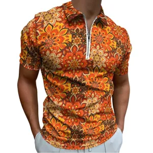 Polo Shirt Men, Boho Shirt, 70s Shirt Style, Orange Polo Shirt, 70s Style Shirt, 70s Floral Shirt Men, Vintage Polo Shirt, Zipper polo shirt