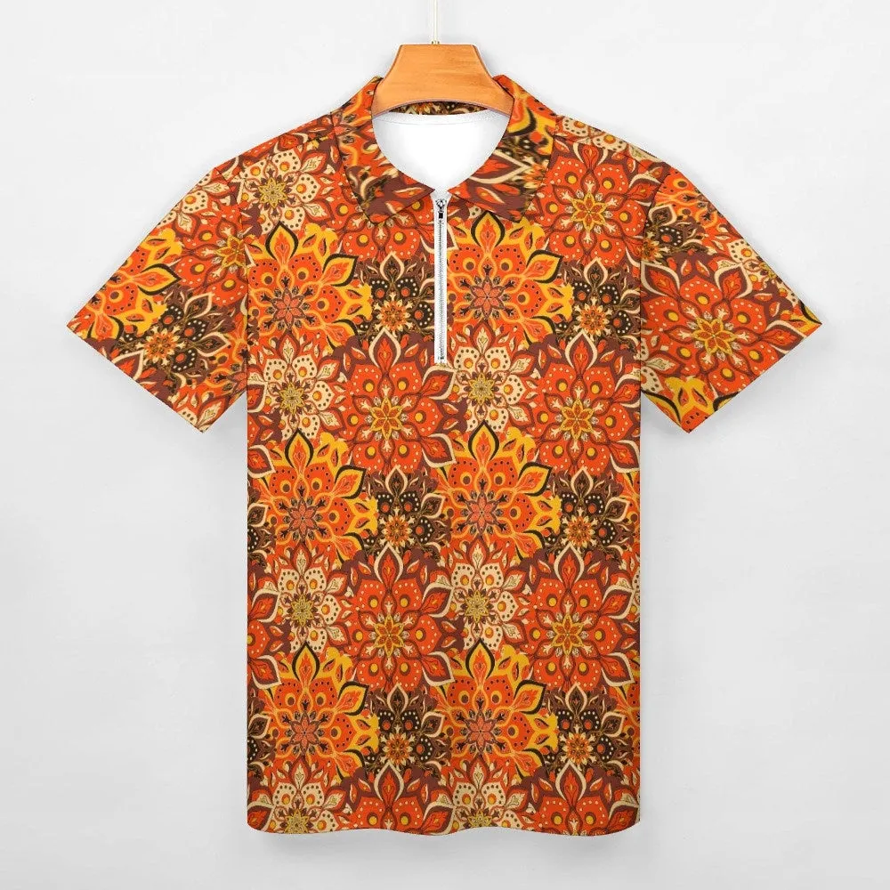 Polo Shirt Men, Boho Shirt, 70s Shirt Style, Orange Polo Shirt, 70s Style Shirt, 70s Floral Shirt Men, Vintage Polo Shirt, Zipper polo shirt