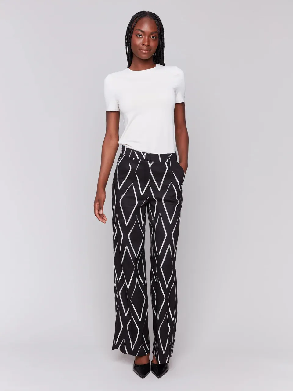 Printed Linen Blend Pants - Diamonds