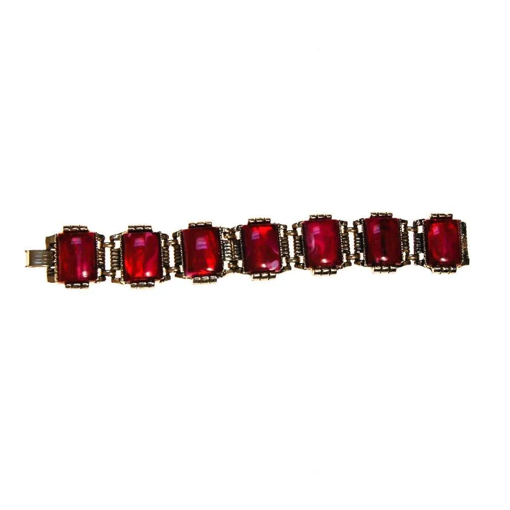 Red Thermoset Panel Bracelet Set in Antique Gold Tone