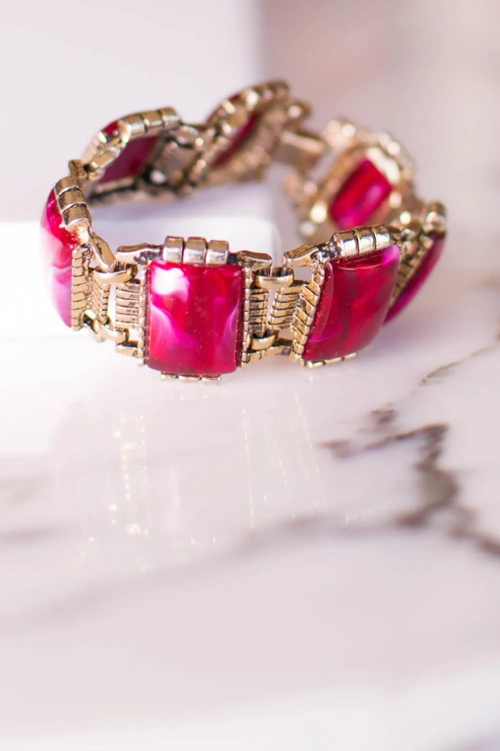 Red Thermoset Panel Bracelet Set in Antique Gold Tone