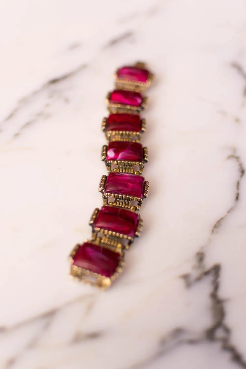 Red Thermoset Panel Bracelet Set in Antique Gold Tone