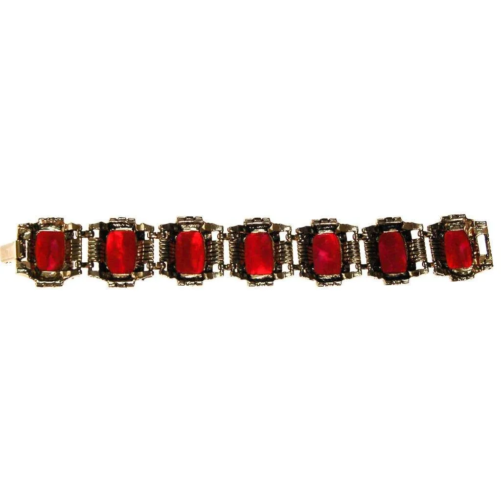 Red Thermoset Panel Bracelet Set in Antique Gold Tone