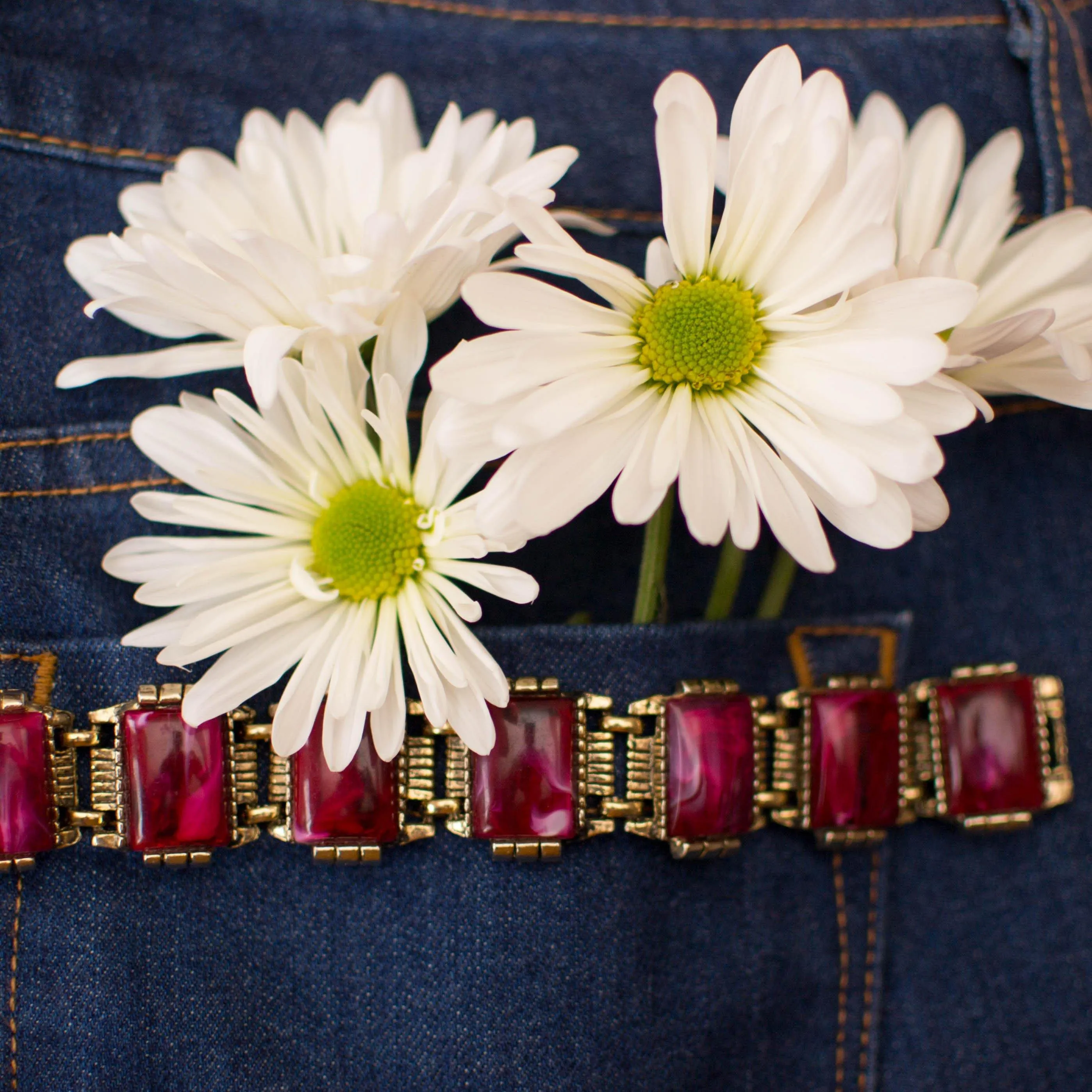 Red Thermoset Panel Bracelet Set in Antique Gold Tone