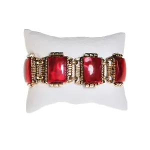 Red Thermoset Panel Bracelet Set in Antique Gold Tone