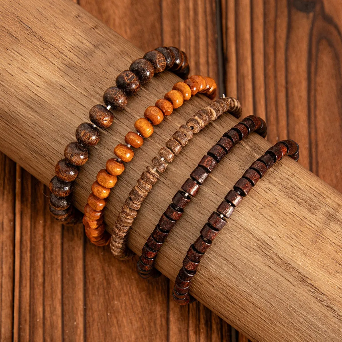 Retro 5pcs Coconut Shell Wood Beaded Chain Bracelet Set