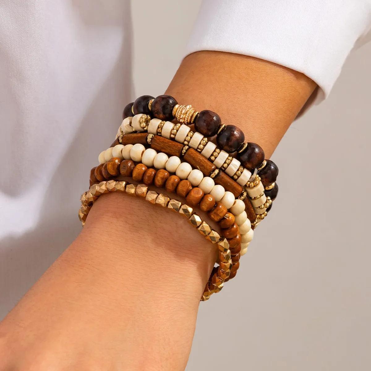 Retro 6pcs Wood Beaded Strench Bracelet Set