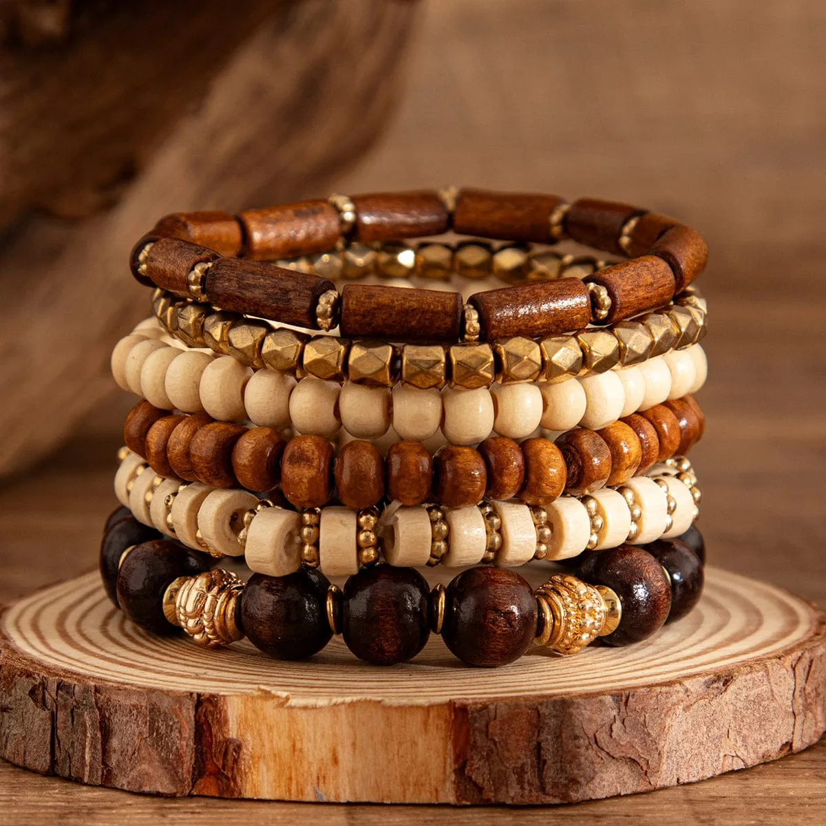Retro 6pcs Wood Beaded Strench Bracelet Set