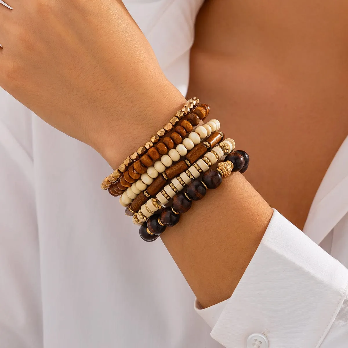 Retro 6pcs Wood Beaded Strench Bracelet Set