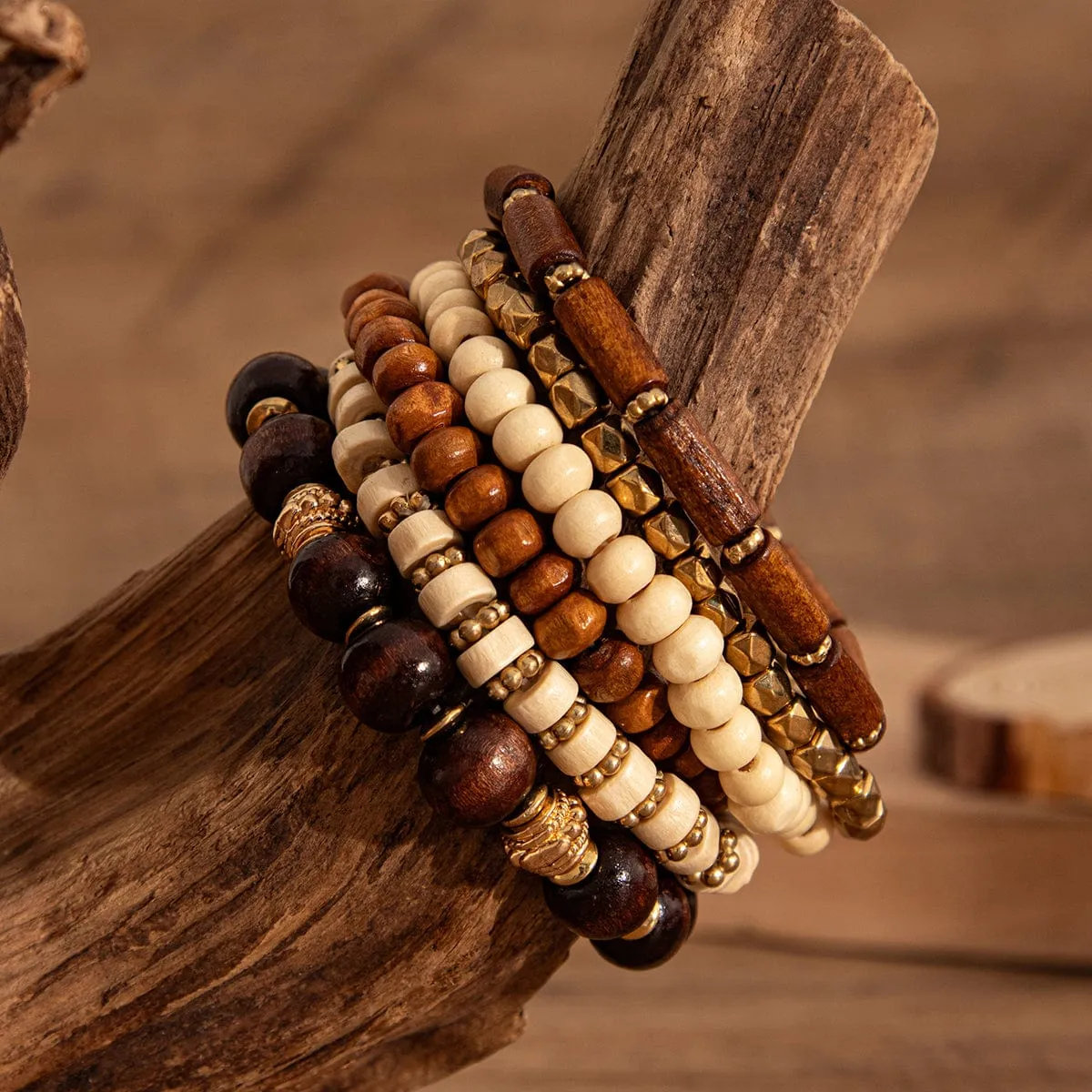Retro 6pcs Wood Beaded Strench Bracelet Set