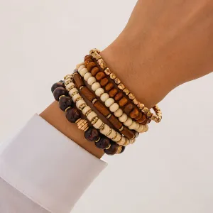 Retro 6pcs Wood Beaded Strench Bracelet Set