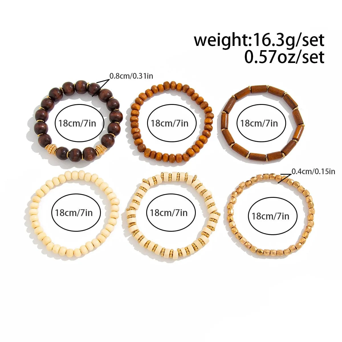 Retro 6pcs Wood Beaded Strench Bracelet Set