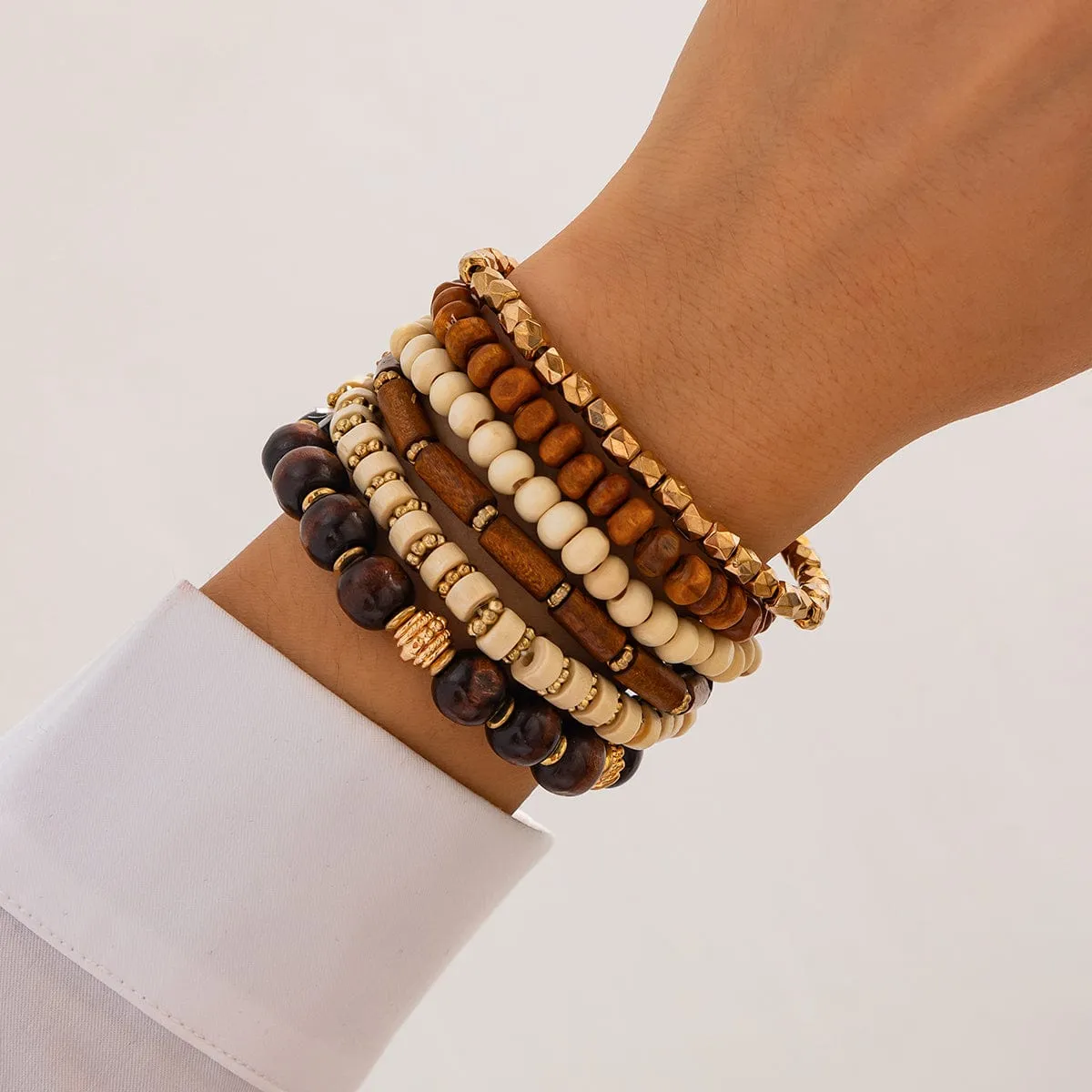 Retro 6pcs Wood Beaded Strench Bracelet Set