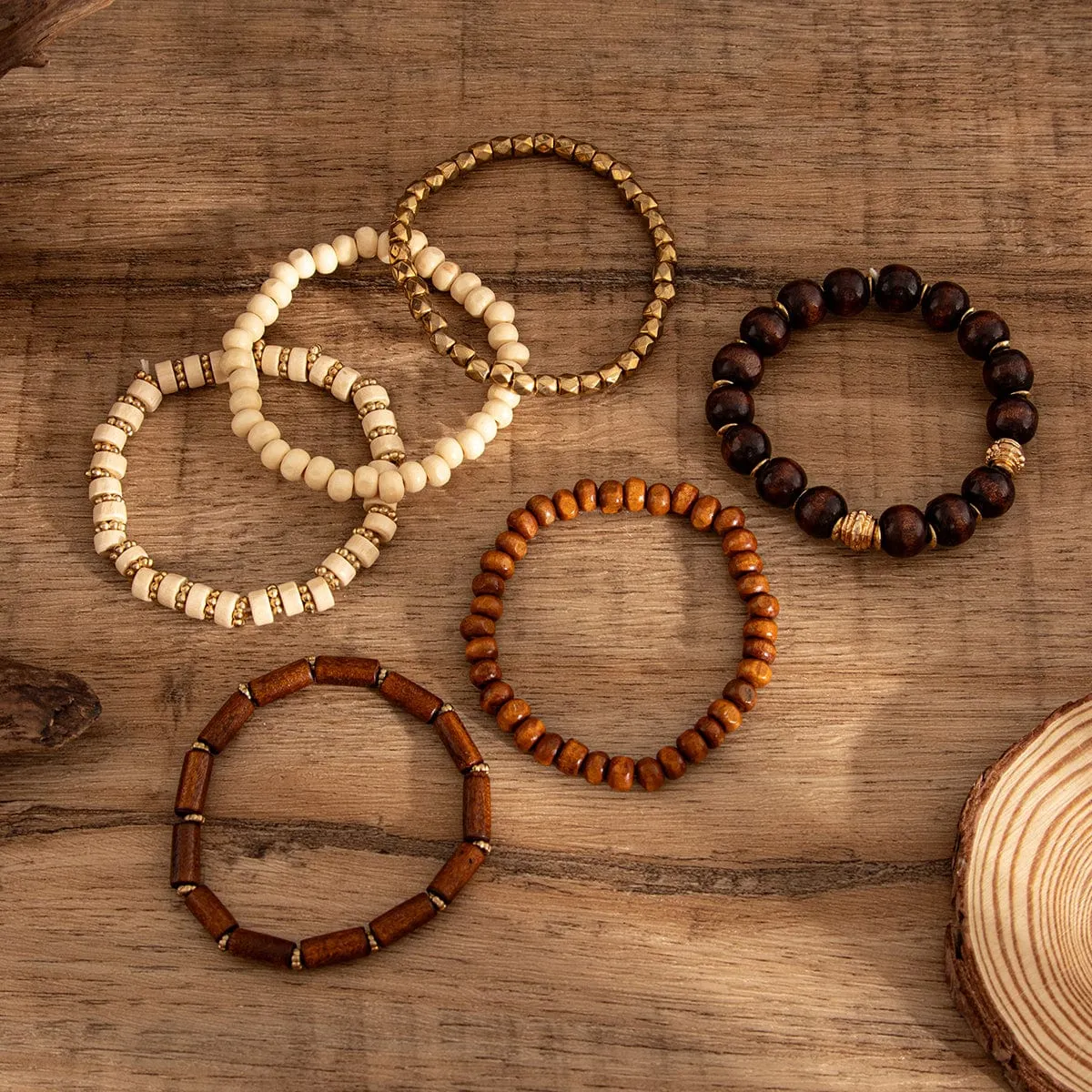 Retro 6pcs Wood Beaded Strench Bracelet Set