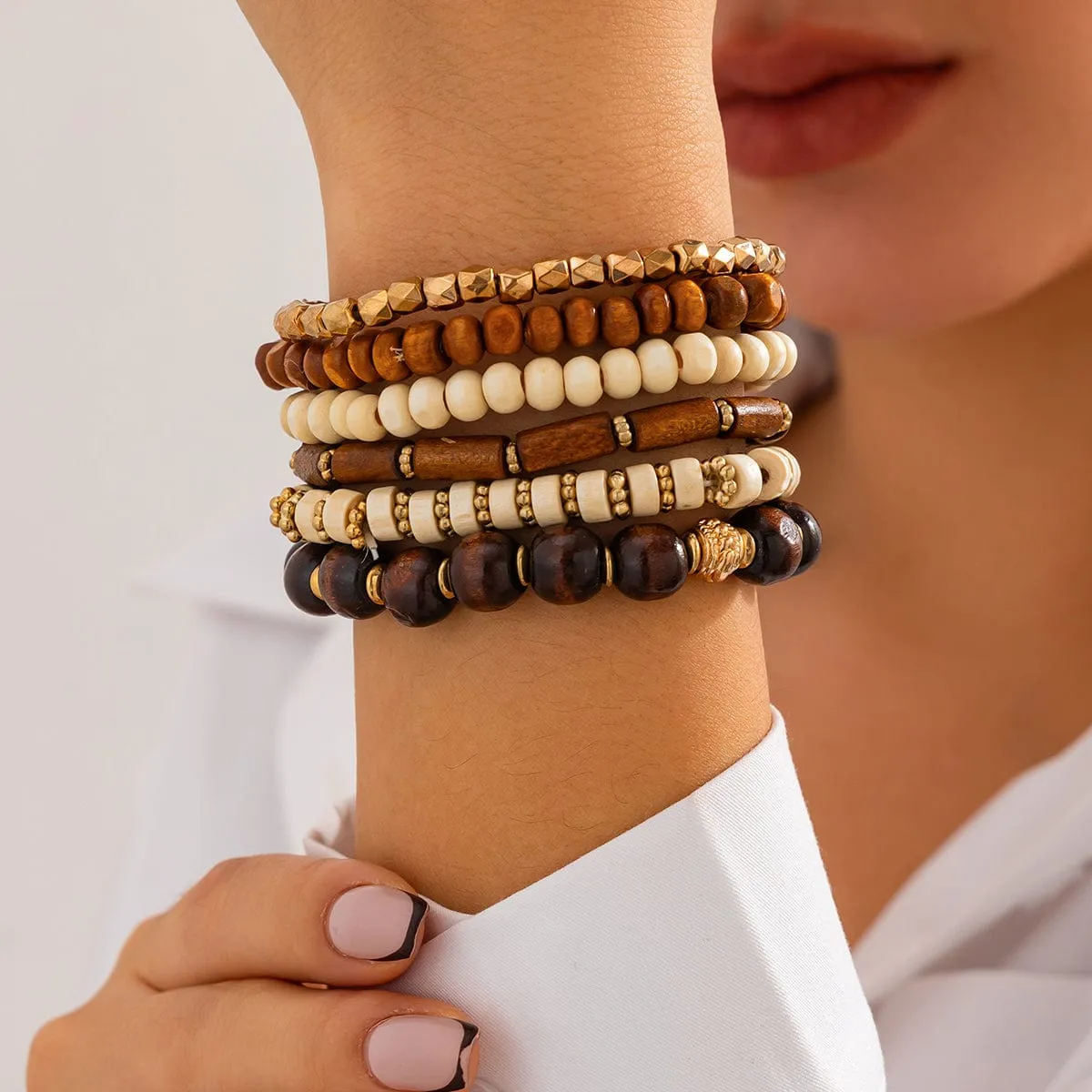 Retro 6pcs Wood Beaded Strench Bracelet Set