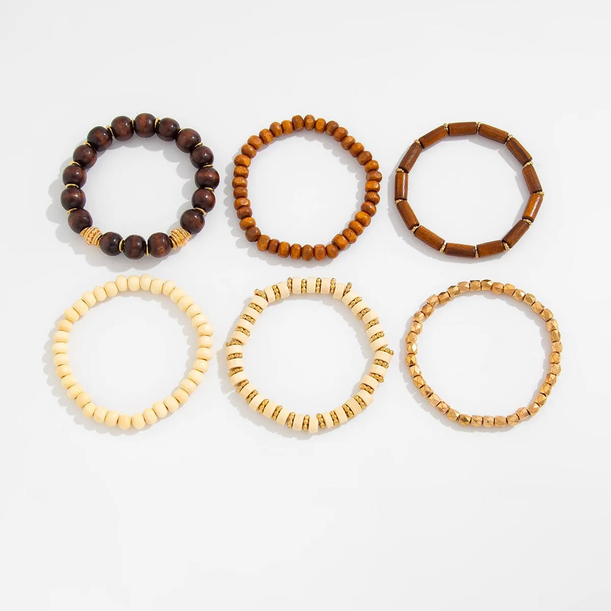 Retro 6pcs Wood Beaded Strench Bracelet Set
