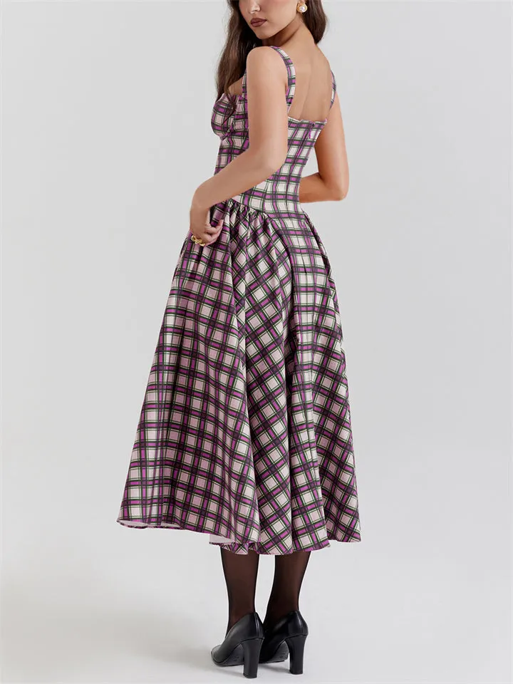 Retro Big Swing Plaid Bustier Dress for Ladies