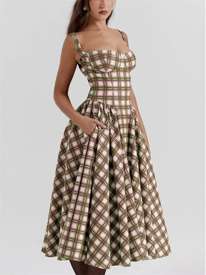 Retro Big Swing Plaid Bustier Dress for Ladies