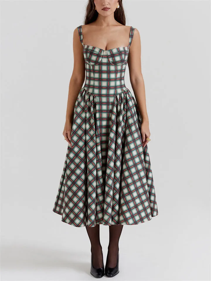 Retro Big Swing Plaid Bustier Dress for Ladies