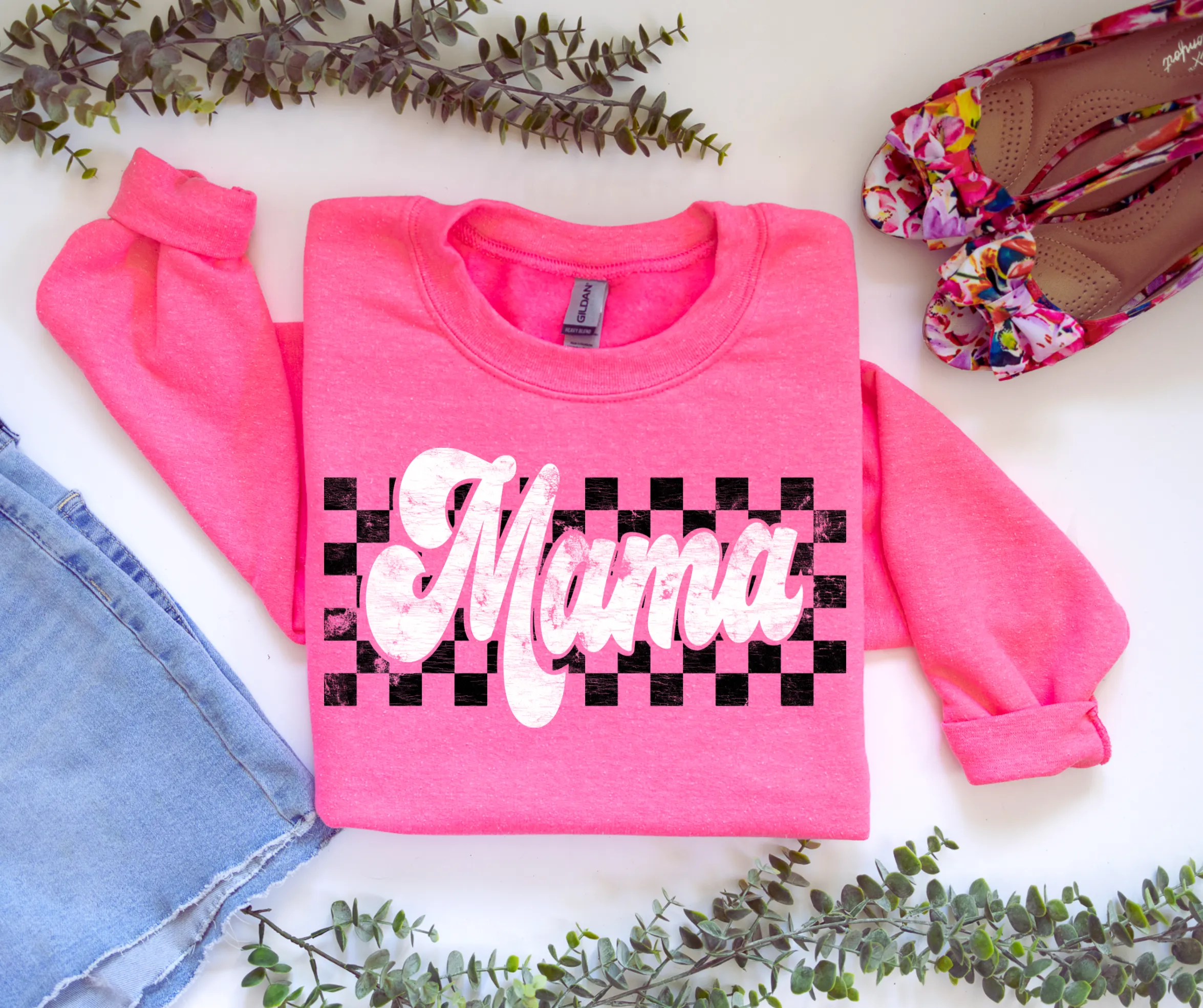 Retro Checkered Mama Hot Pink Sweatshirt