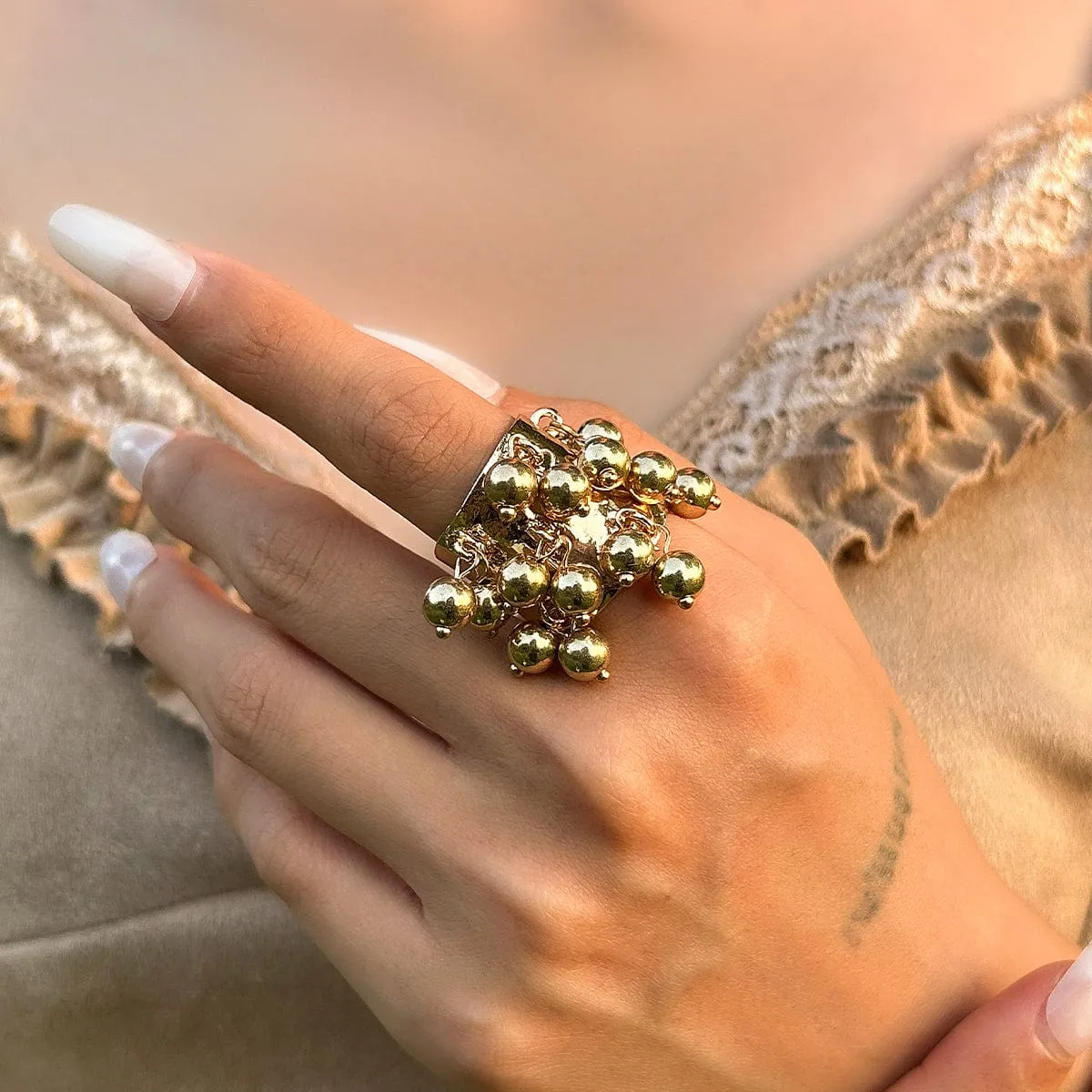 Retro Chunky Tiger Stone Turquoise Pearl Tassel Wide Open Ring