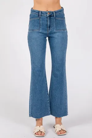 Retro Fade Corner Pocket Mid Rise Slim Flare Medium Wash Jeans LTJ