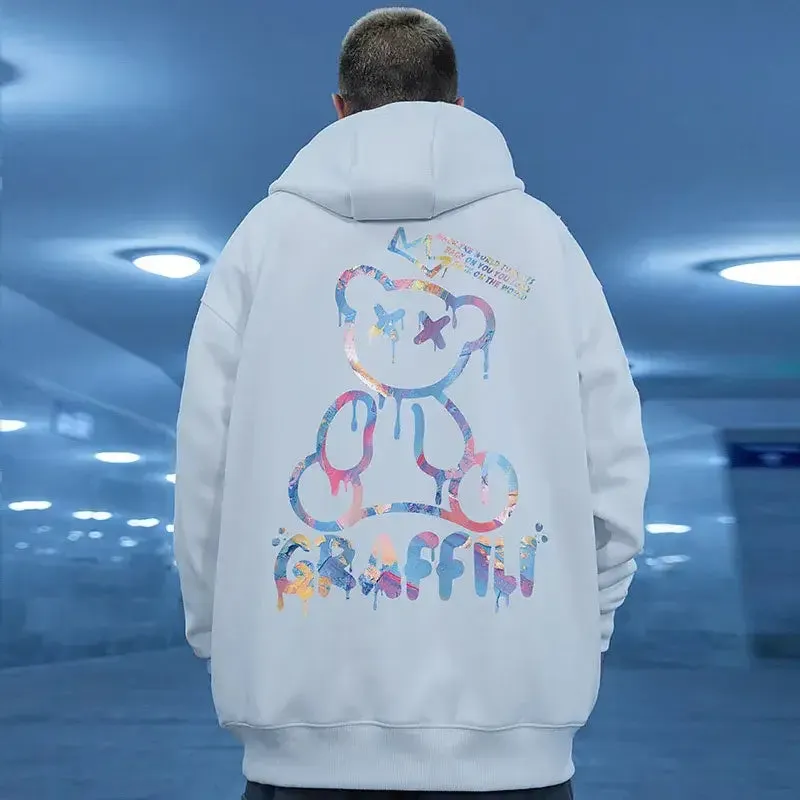 Retro Graffiti Bear Print Hoodie from the Y2K Streetwear Collection