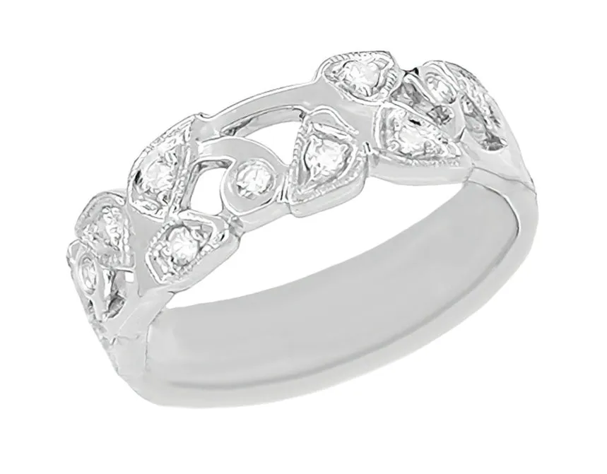 Retro Moderne Vines and Leaves Filigree Diamond Wedding Band in Platinum