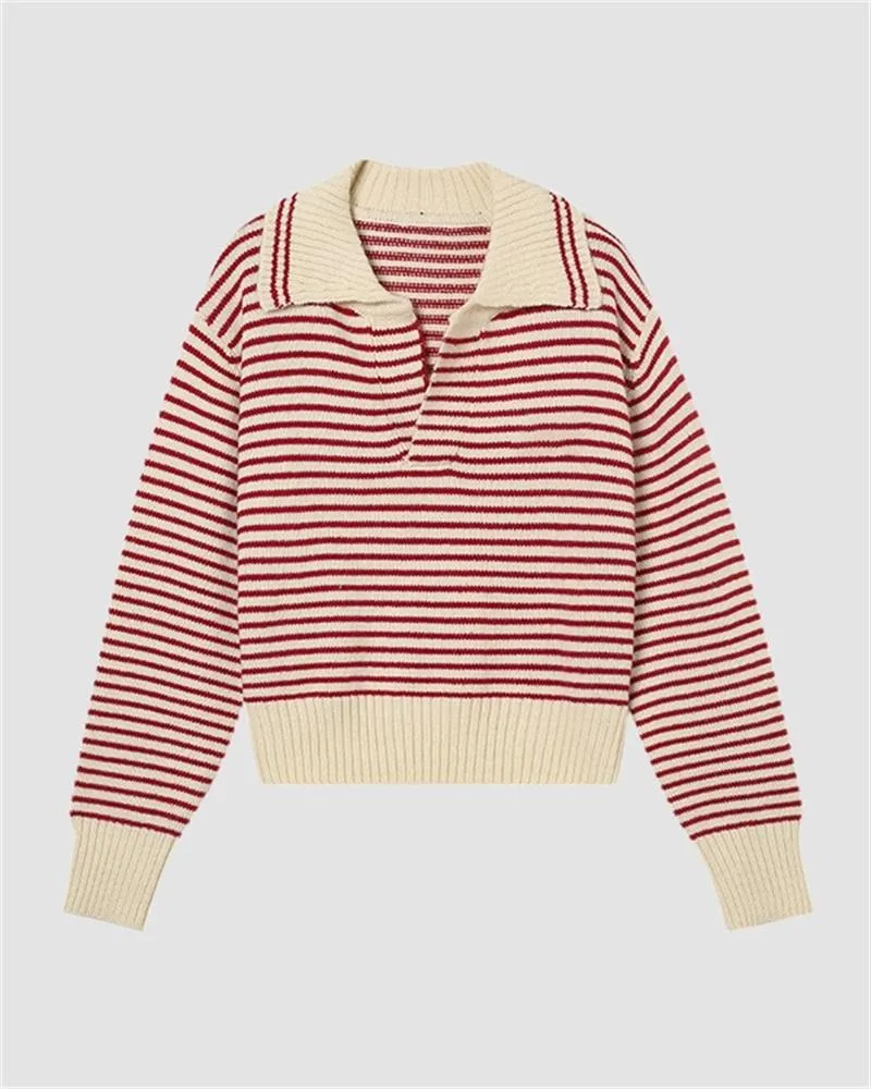 Retro Polo Collar Striped Sweater