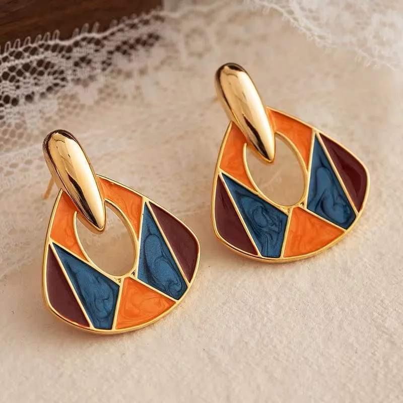 Retro Temperament Splicing Multicolor Enamel Earrings