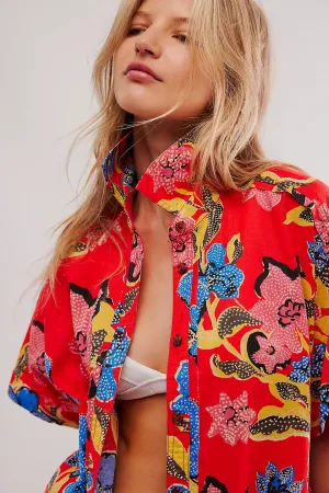 Retro Tropics Palm Linen Top