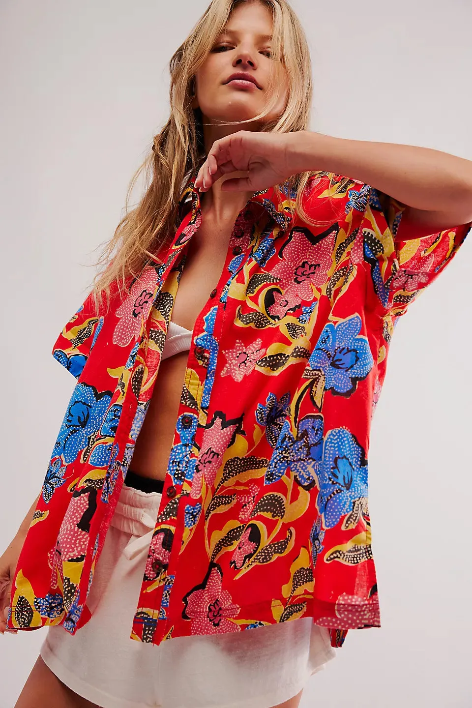 Retro Tropics Palm Linen Top