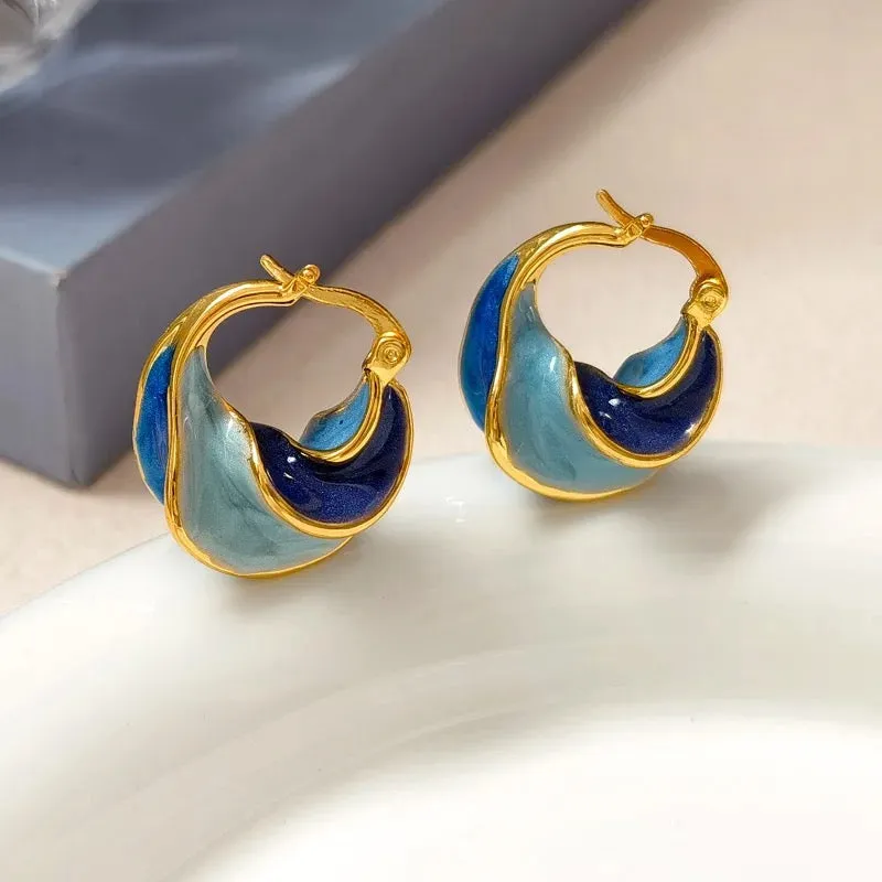 Retro Unique Wave Two-Tone Enamel Hoop Earrings