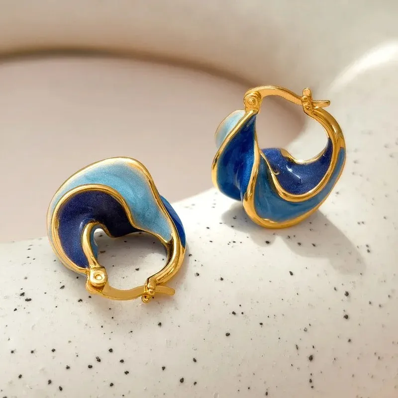 Retro Unique Wave Two-Tone Enamel Hoop Earrings