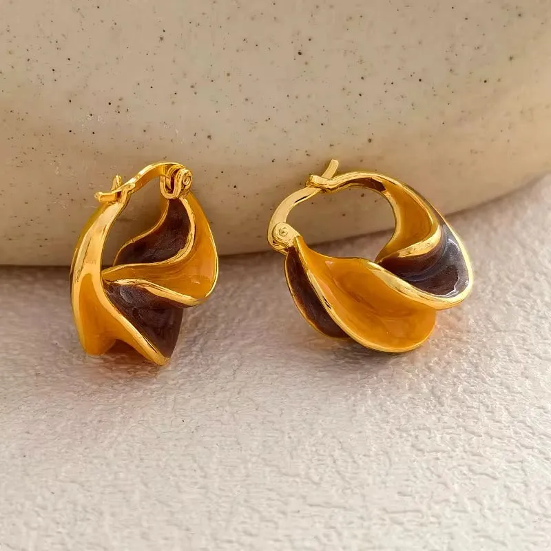 Retro Unique Wave Two-Tone Enamel Hoop Earrings