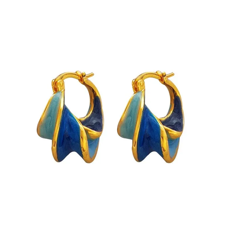 Retro Unique Wave Two-Tone Enamel Hoop Earrings